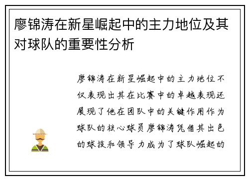 廖锦涛在新星崛起中的主力地位及其对球队的重要性分析